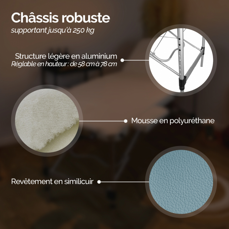 Table de massage aluminium - 3 Zones - Bleu pastel