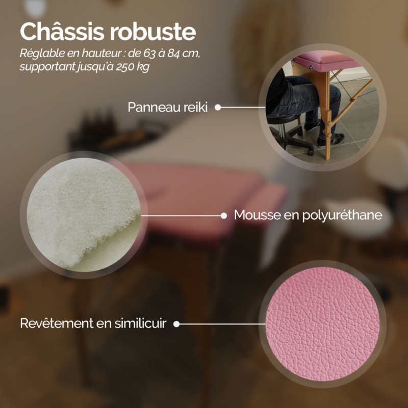 Table de massage bois - 3 Zones - Rose pastel