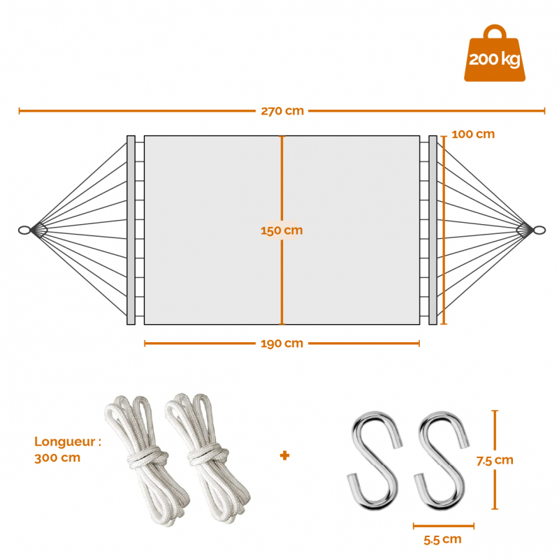 Toile de hamac - 150 x 270 cm - Gris