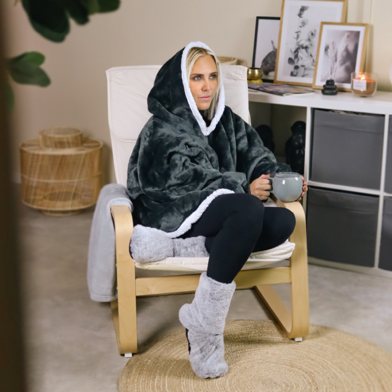 Sweat à capuche, plaid - Sherpa et flanelle - Adulte - Gris foncé