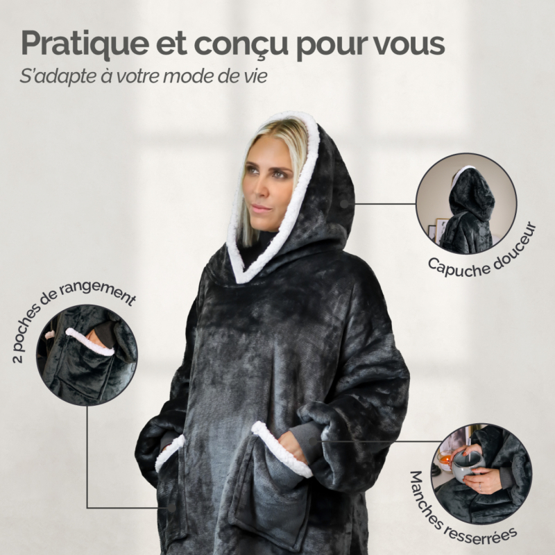 Sweat à capuche, plaid - Sherpa et flanelle - Adulte - Gris foncé