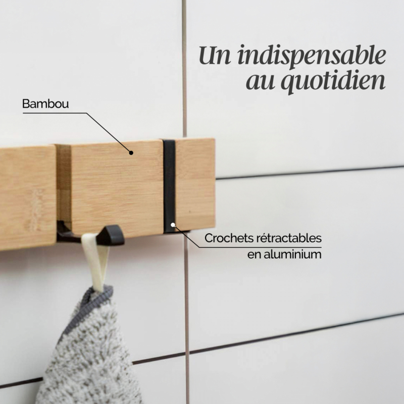 Porte-manteau mural rétractable - 2 crochets - Bois