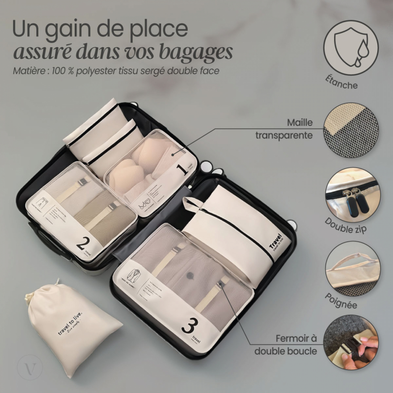 Organisateur de voyage - 7 pièces - Beige