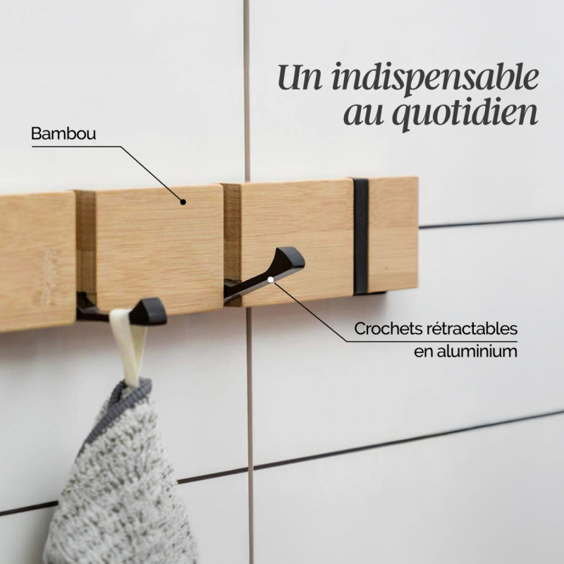 Porte-manteau mural rétractable - 3 crochets - Bois