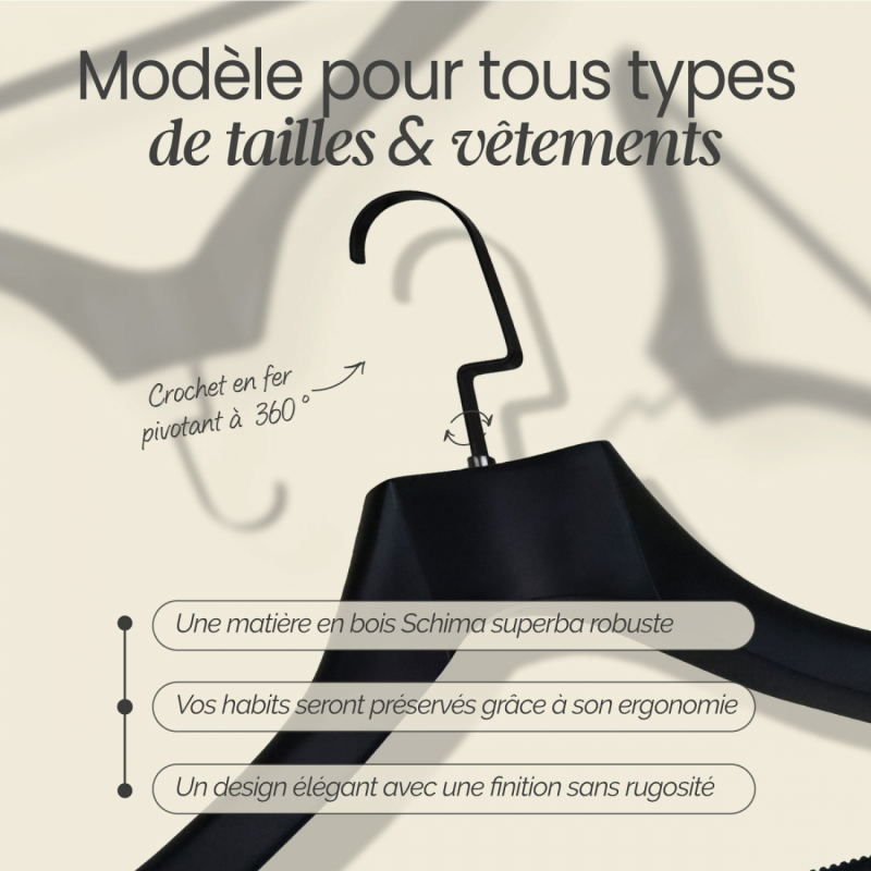 Lot de 12 cintres pour manteau adulte premium - Noir
