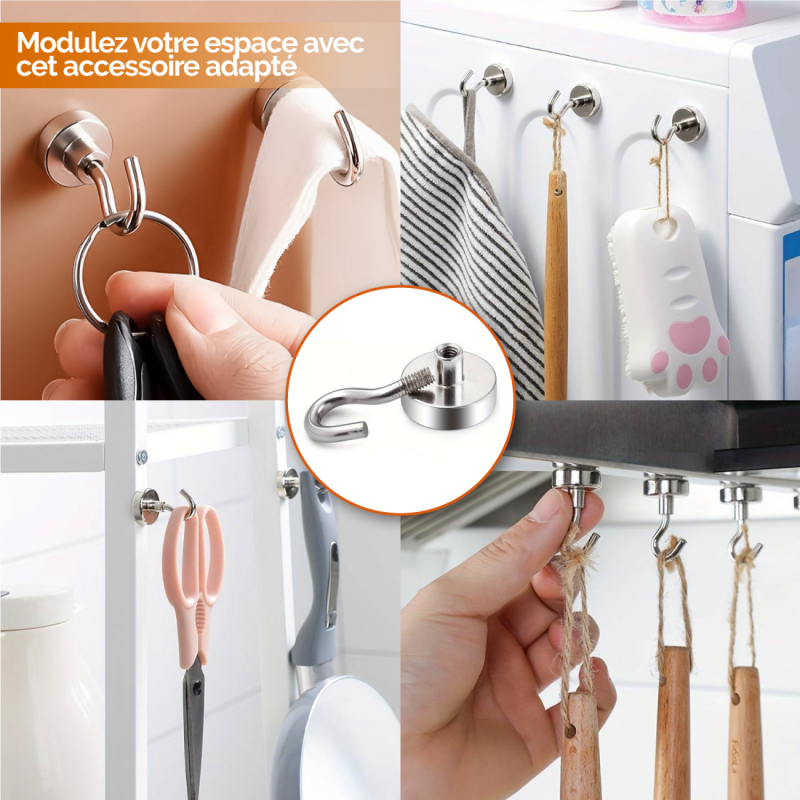 Lot de 10 crochets magnétiques - KN20 - Chromé
