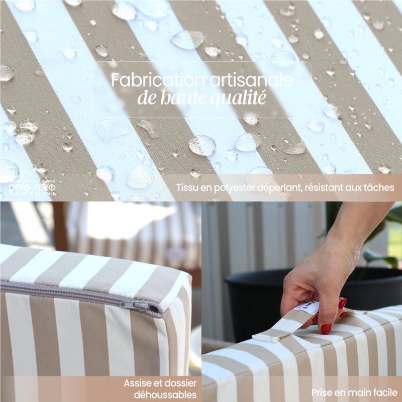 Coussins pour salon de jardin déhoussables - 50 x 50 cm - Rayé beige