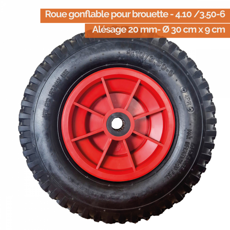 Roue gonflable pour brouette - 4.10 / 3.50 - 6 - Alésage 20 mm