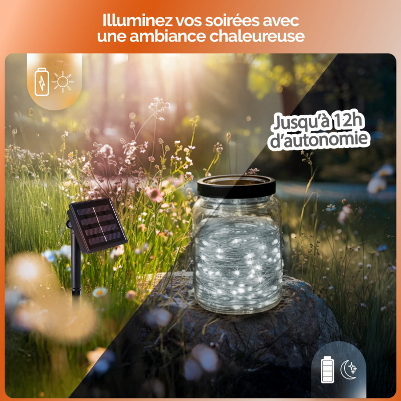 Lot de 4 guirlandes lumineuses solaires LED - 7 m - Blanc froid
