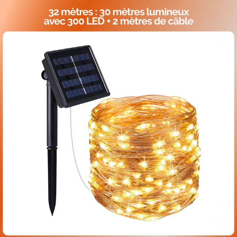 Lot de 4 guirlandes lumineuses solaires LED - 32 m - Blanc chaud