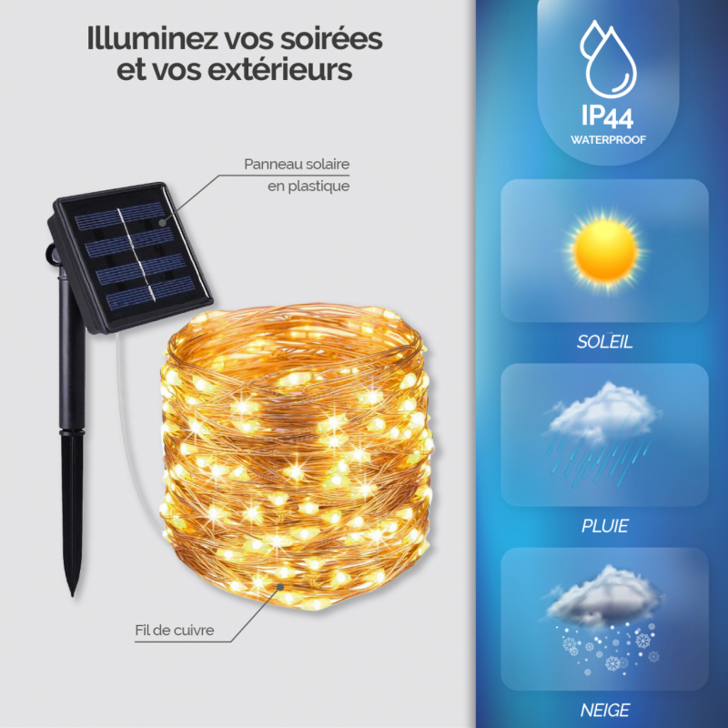 Guirlande lumineuse solaire LED - 7 m - Blanc chaud