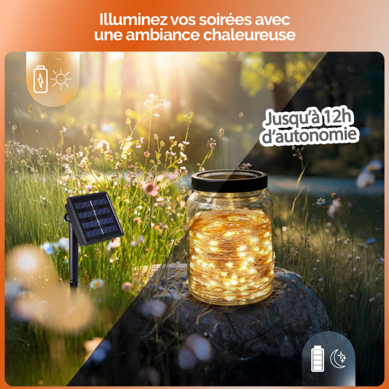 Guirlande lumineuse solaire LED - 12 m - Blanc chaud