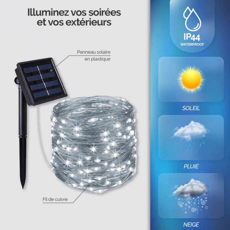 Guirlande lumineuse solaire LED - 7 m - Blanc froid