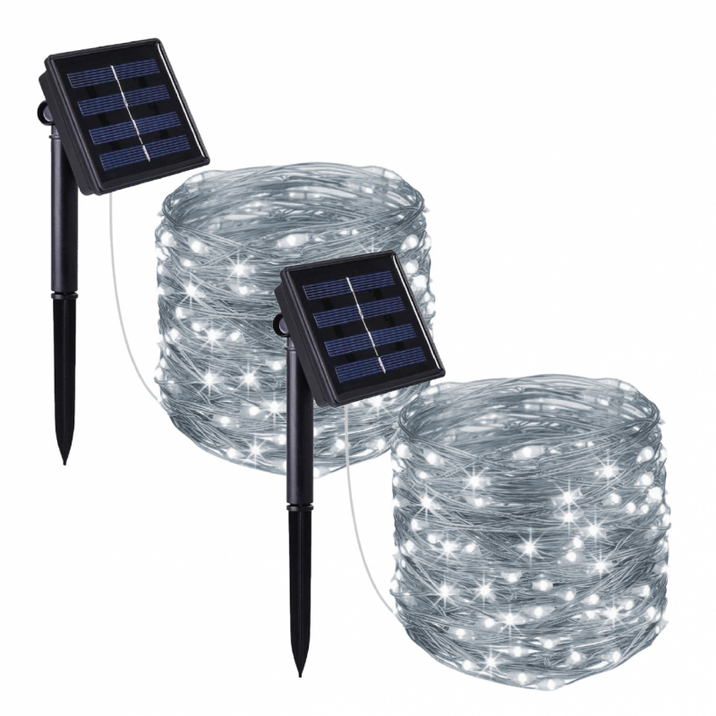 Lot de 2 guirlandes lumineuses solaires LED - 7 m - Blanc froid