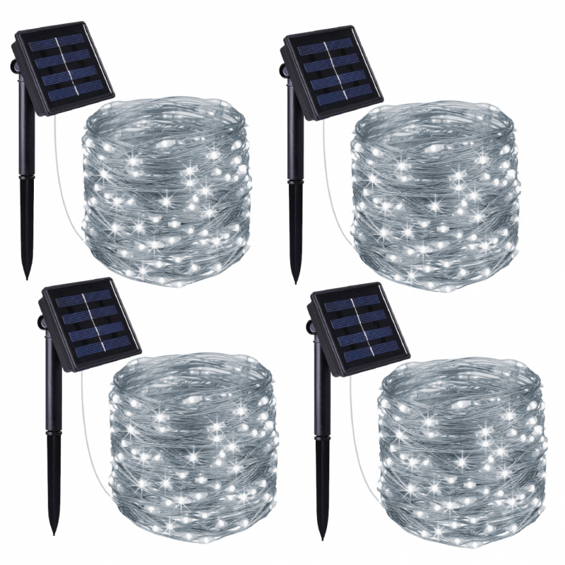 Lot de 4 guirlandes lumineuses solaires LED - 32 m - Blanc froid