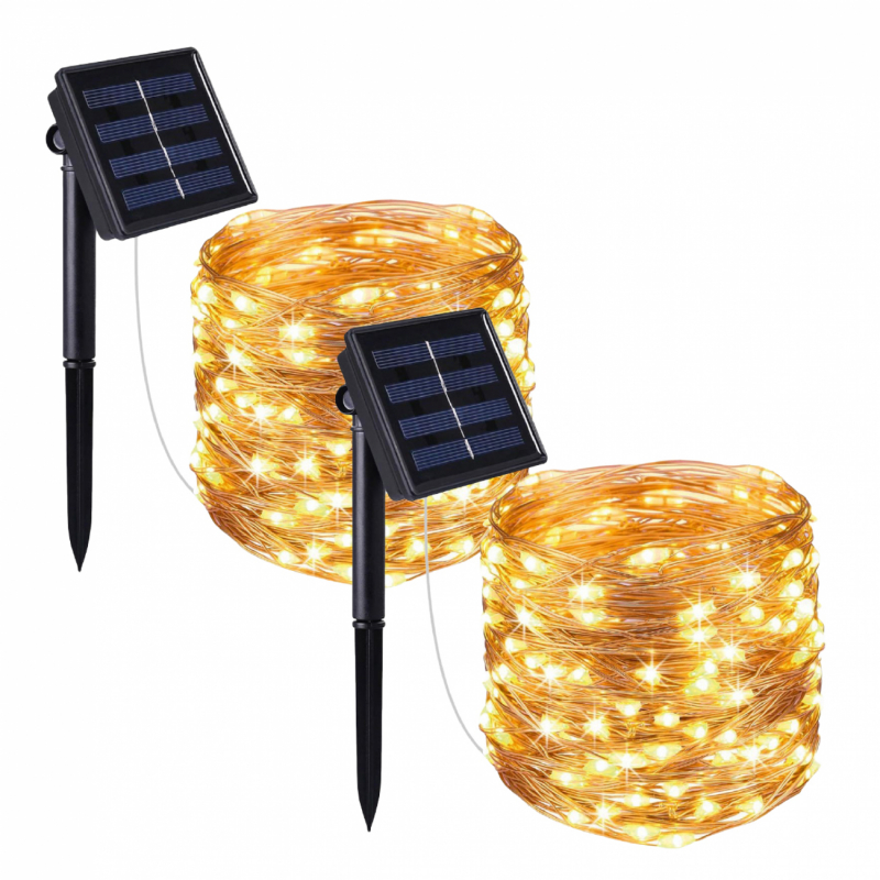 Lot de 2 guirlandes lumineuses solaires LED - 32 m - Blanc chaud
