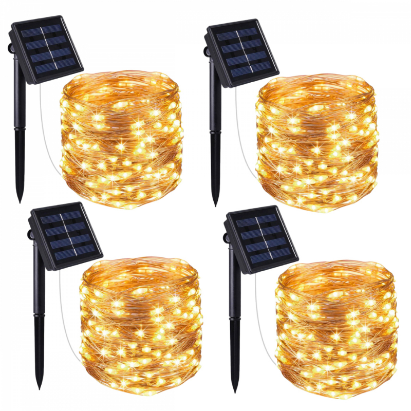 Lot de 4 guirlandes lumineuses solaires LED - 7 m - Blanc chaud