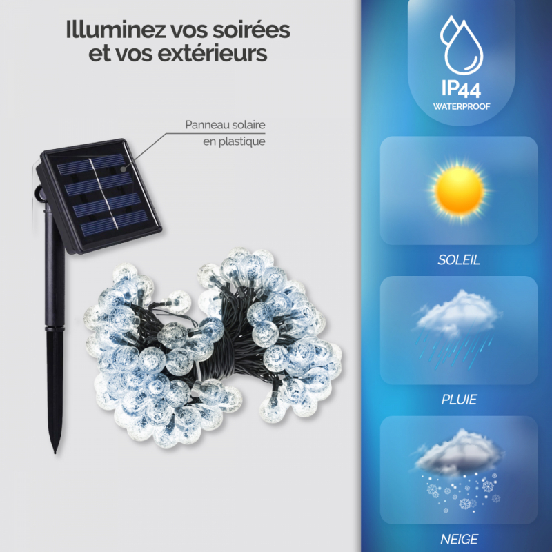 Lot de 4 guirlandes lumineuses solaires LED - Ø 2.2 cm - 12 m - Blanc froid