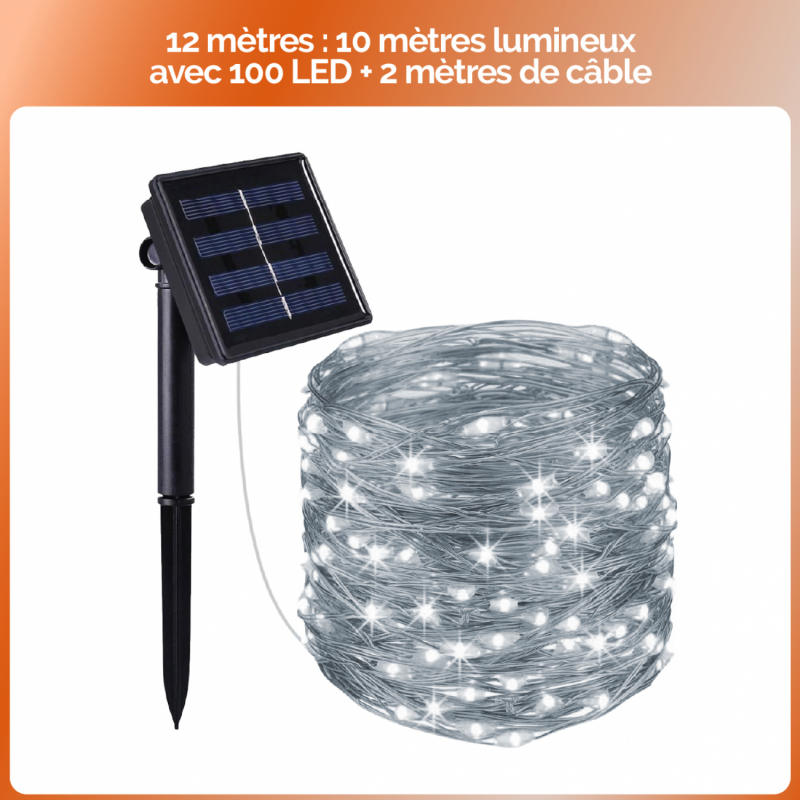 Lot de 2 guirlandes lumineuses solaires LED - 12 m - Blanc froid