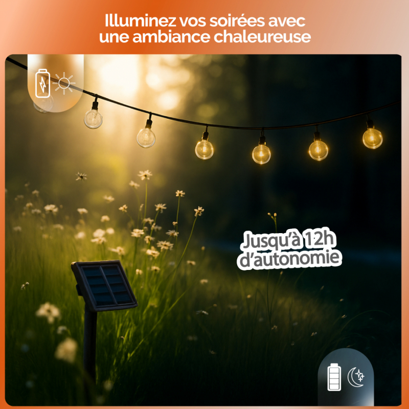 Guirlande lumineuse solaire LED - Ø 2.2 cm - 17 m - Blanc chaud