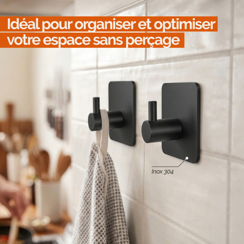 Lot de 2 crochets de fixation muraux adhésifs - Noir