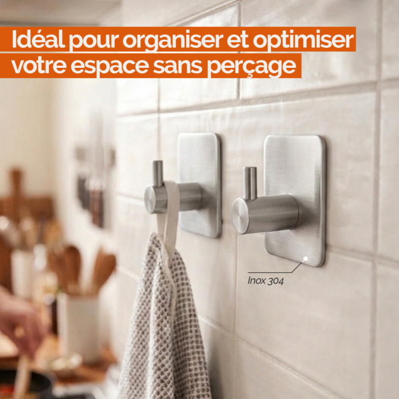 Lot de 2 crochets de fixation muraux adhésifs - Chrome