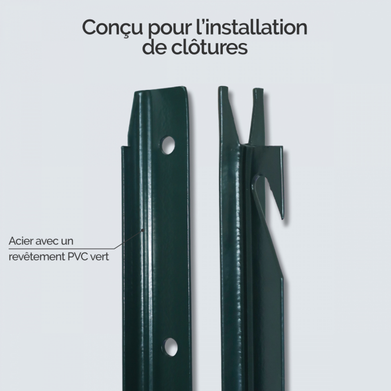 Lot de 4 piquets de fixation en T pour grillage - 2 m - Vert