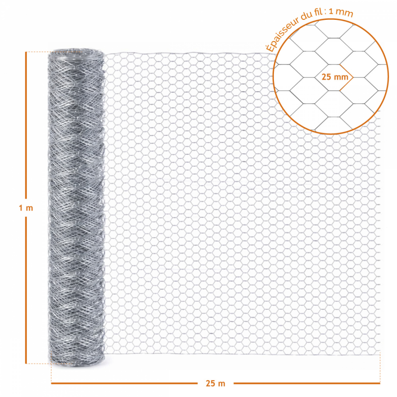 Grillage triple torsion - Maille 25 mm - 25 m x 1 m - Gris