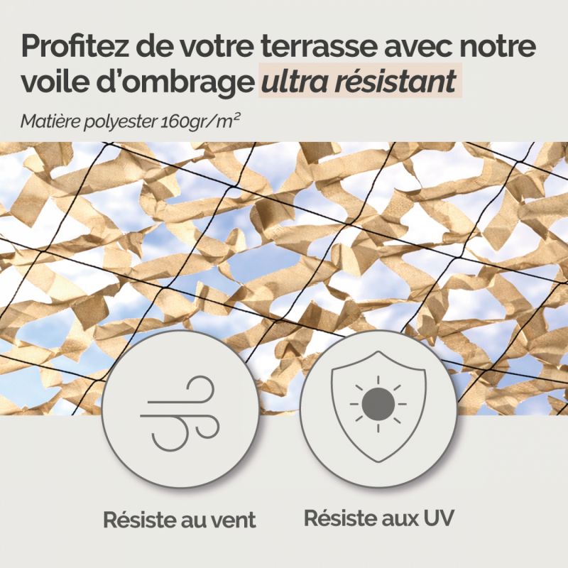 Voile d'ombrage camouflage rectangulaire - 3 x 5 m - Sable