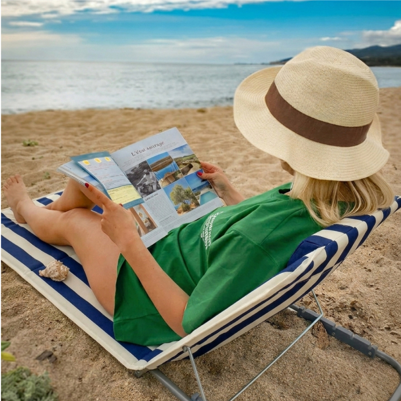 Tapis de plage avec dossier - Rayé blanc et bleu