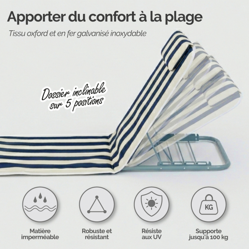Tapis de plage avec dossier - Rayé blanc et bleu