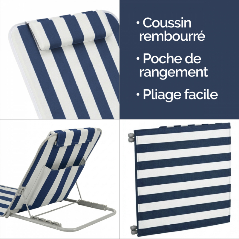 Tapis de plage avec dossier - Rayé blanc et bleu