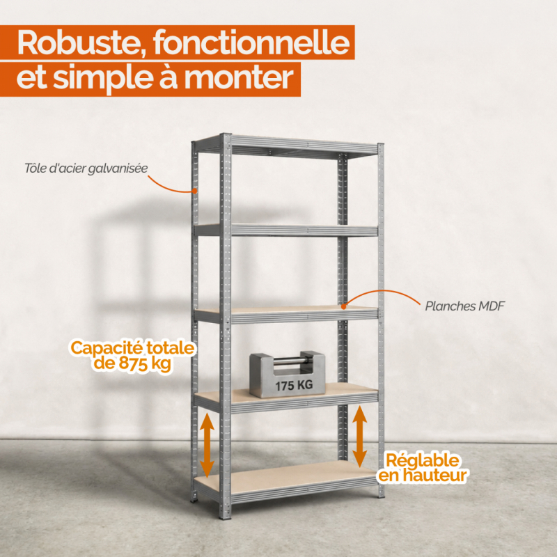 Lot de 2 étagères de stockage métallique - 110 x 40 x 180 cm - Gris