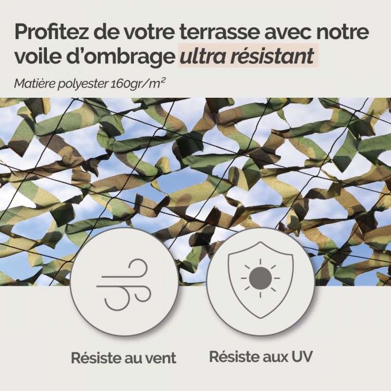 Voile d'ombrage camouflage rectangulaire - 2 x 3 m - Vert armée