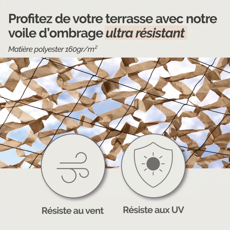 Voile d'ombrage camouflage rectangulaire - 3 x 4 m - Taupe