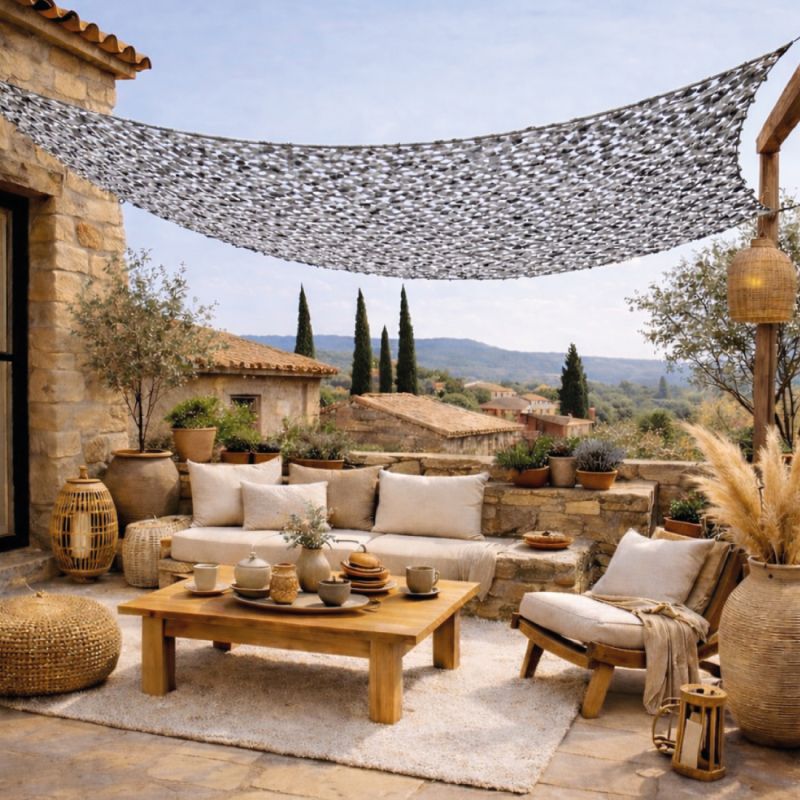 Voile d'ombrage camouflage rectangulaire - 2 x 3 m - Gris