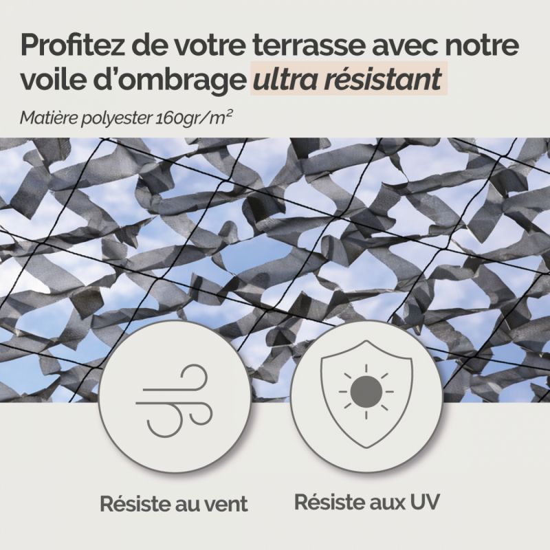 Voile d'ombrage camouflage rectangulaire - 3 x 4 m - Gris