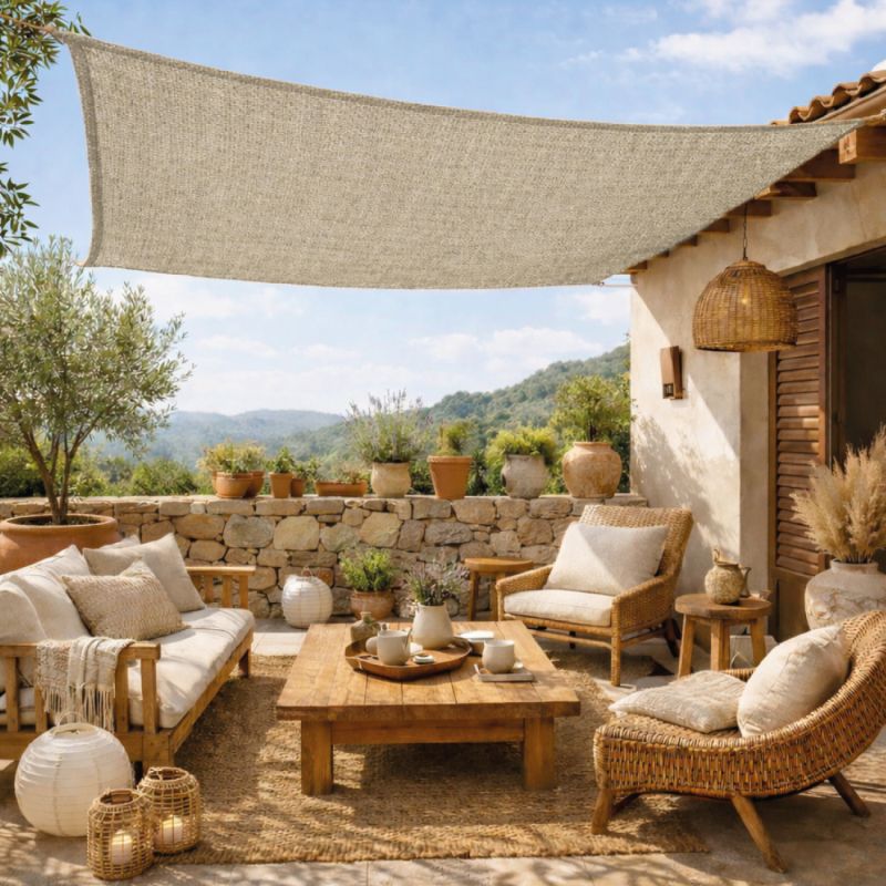 Voile d'ombrage en chanvre rectangulaire - 3 x 5 m - Beige