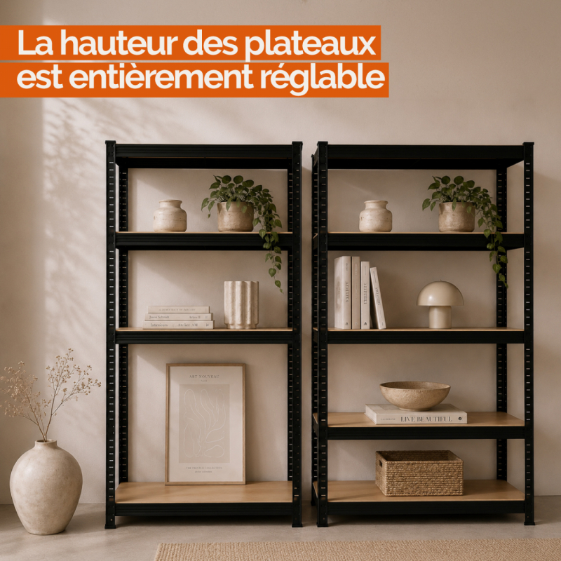 Lot de 2 étagères de stockage métallique - 90 x 40 x 180 cm - Noir
