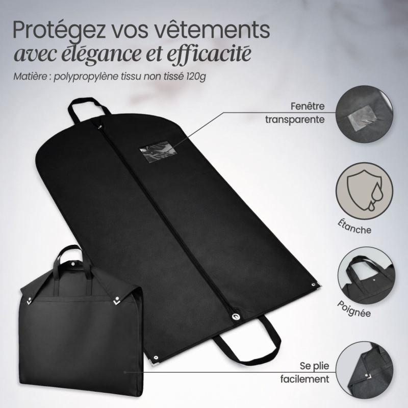 Lot de 3 housses pour vêtements premium - 60 x 160 cm - Noir