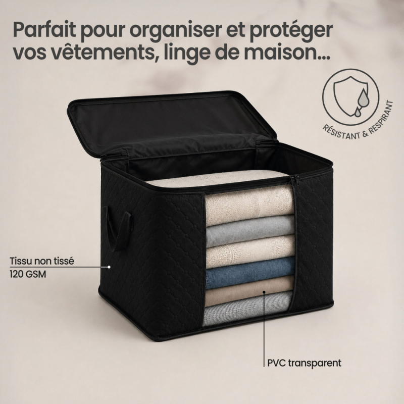Lot de 6 sacs de rangement 35L, 60L et 90L en tissu - Noir