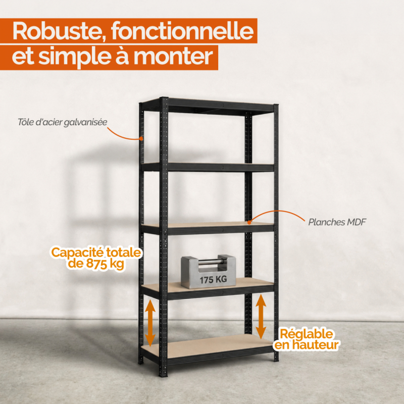 Étagère de stockage métallique - 180 x 90 x 40 cm - Noir