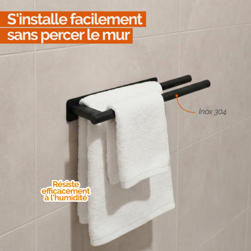 Porte serviettes adhésif - 2 barres - Noir