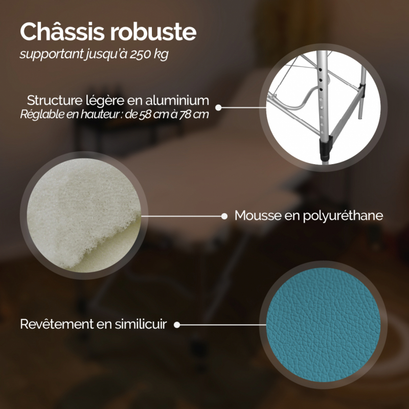 Table de massage aluminium - 2 Zones - Bleu turquoise