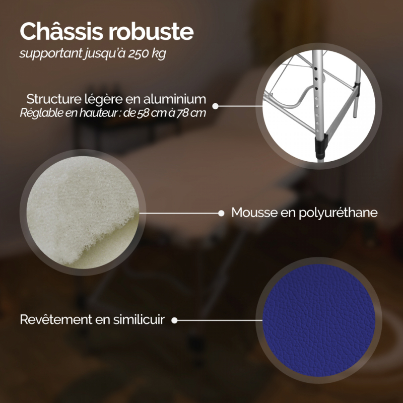 Table de massage aluminium - 3 Zones - Bleu azur