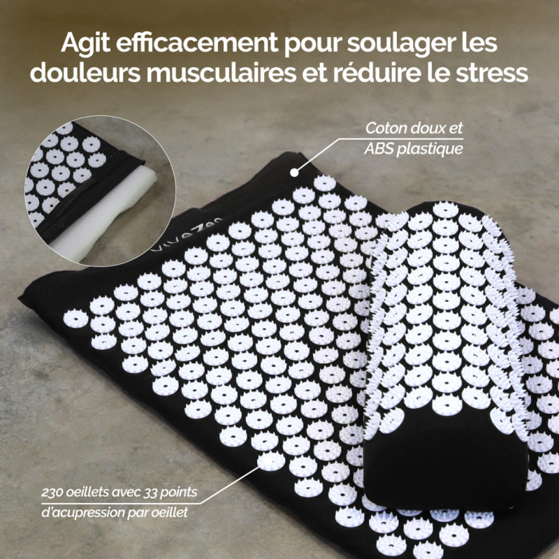 Tapis et coussin d'acupression 67 x 42 cm - Noir