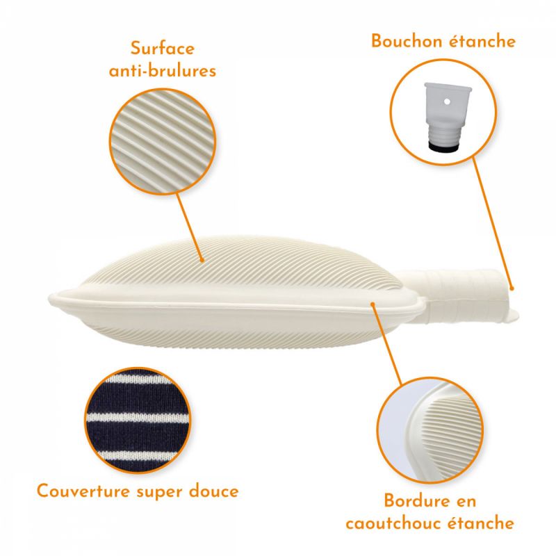 Bouillotte en caoutchouc avec housse coton - 2 L - Rayé - Bleu Marine
