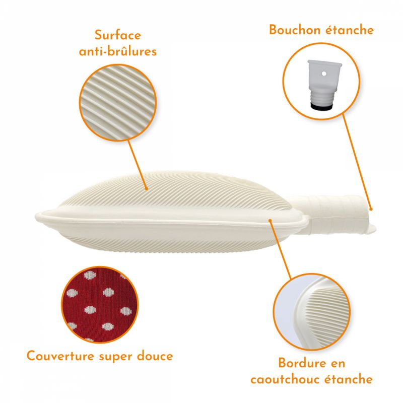 Bouillotte en caoutchouc avec housse coton - 2 L - Pois - Rouge