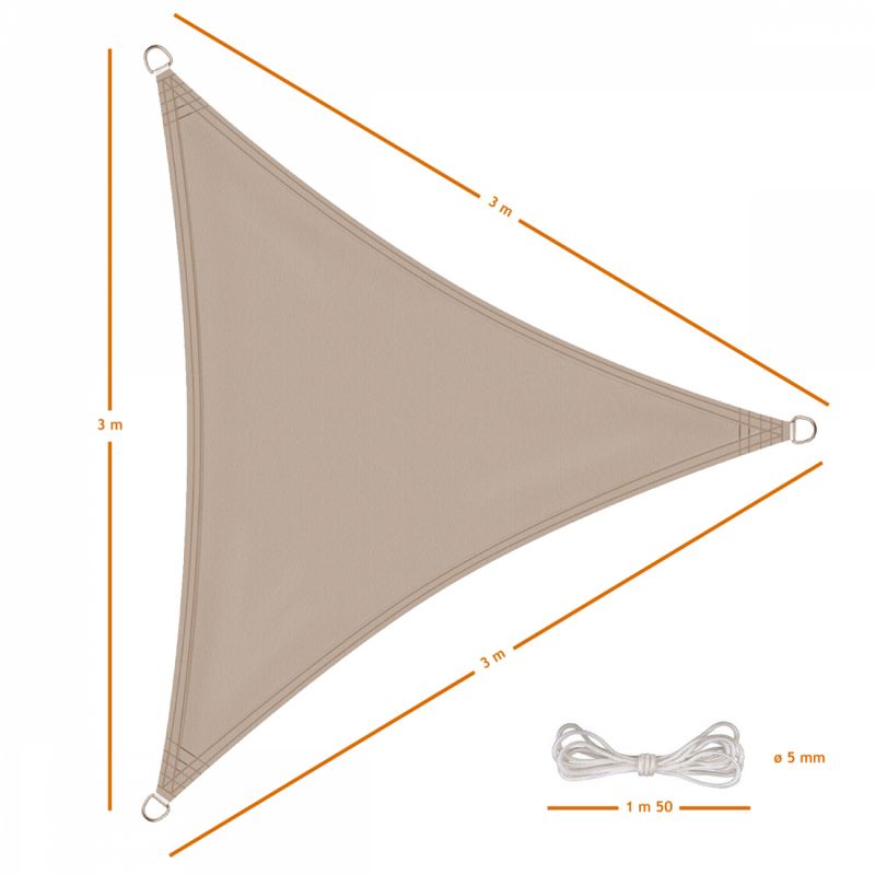 Voile d'ombrage triangulaire - 3 x 3 x 3 m - Taupe